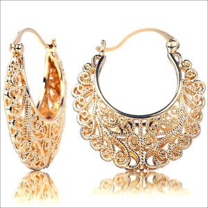 Gold Plated Filigree Hoop Earrings, Click-Top Hollowed Oval Dangle